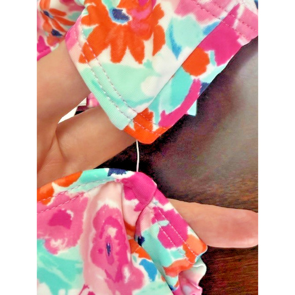 Janie And Jack Sz 6-12 mths Retro Inspire PINK ORANGE Swim Suit 2pc + HAT w/bow - Picture 8 of 15